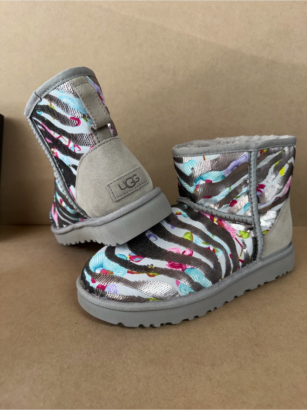 UGG Limited edition Short Zebra-Print Boots in Gray with Multi-Color Accents